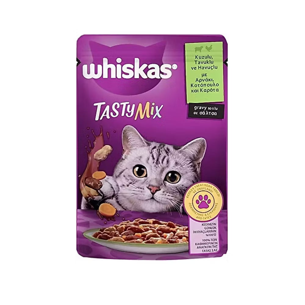 🐾 Whiskas Tasty Mix Kuzulu, Tavuklu & Havuçlu 85g Kedi Maması – Lezzetli ve Besleyici Islak Mama