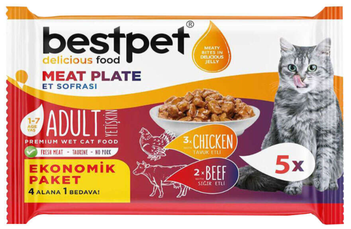 🐾 BESTPET Adult Meat Plate Ecopack 5×85 gr – Yetişkin Kediler İçin Lezzetli Yaş Mama Paketi