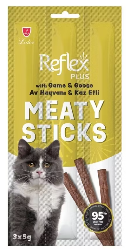 Reflex Plus Kedi Ödül Stickleri Av Hayvanlı & Kaz Etli 3x5 gr – Lezzetli ve Besleyici Kedi Ödül Maması