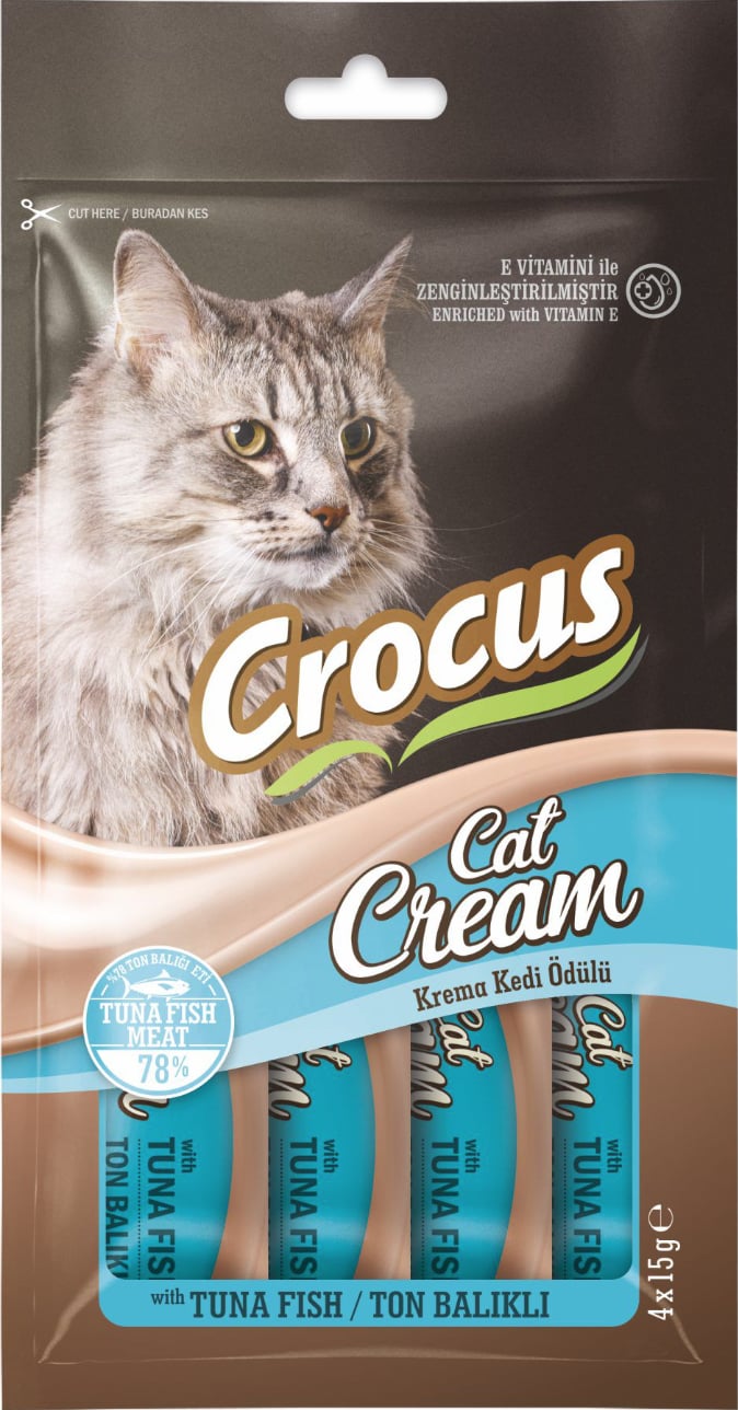 🐾 Crocus Ton Balıklı Krema Kedi Ödülü 4x15g – Lezzetli ve Besleyici Sıvı Ödül Maması