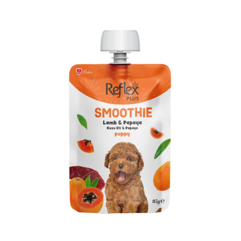 🐾 Reflex Plus Kuzu Etli & Papayalı Yavru Köpek Sıvı Ödül 85g – Lezzetli Smoothie Ödül Maması